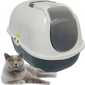 AliShopping  Animals Large Cat Litter Tray Dark Grey & White + Charcoal Filter Box Hooded CatCentre®
